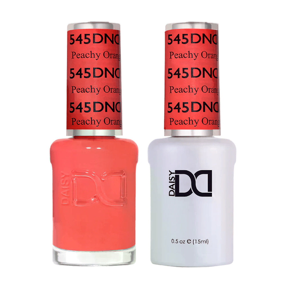 DND Duo 545 Peachy Orange, gel polish and matching nail lacquer bottles