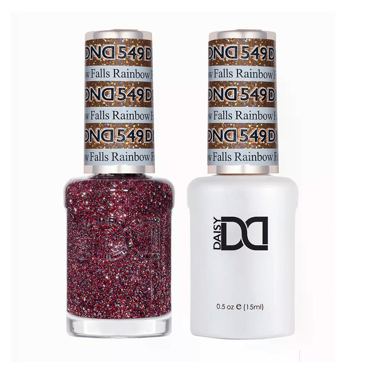 DND Duo 549 Rainbow Falls, gel polish and matching nail lacquer bottles