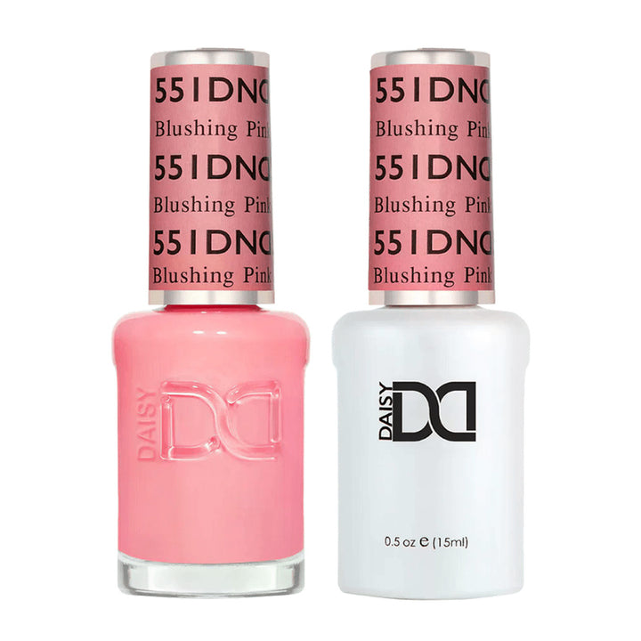 DND Duo 551 Blushing Pink, gel polish and matching nail lacquer bottles
