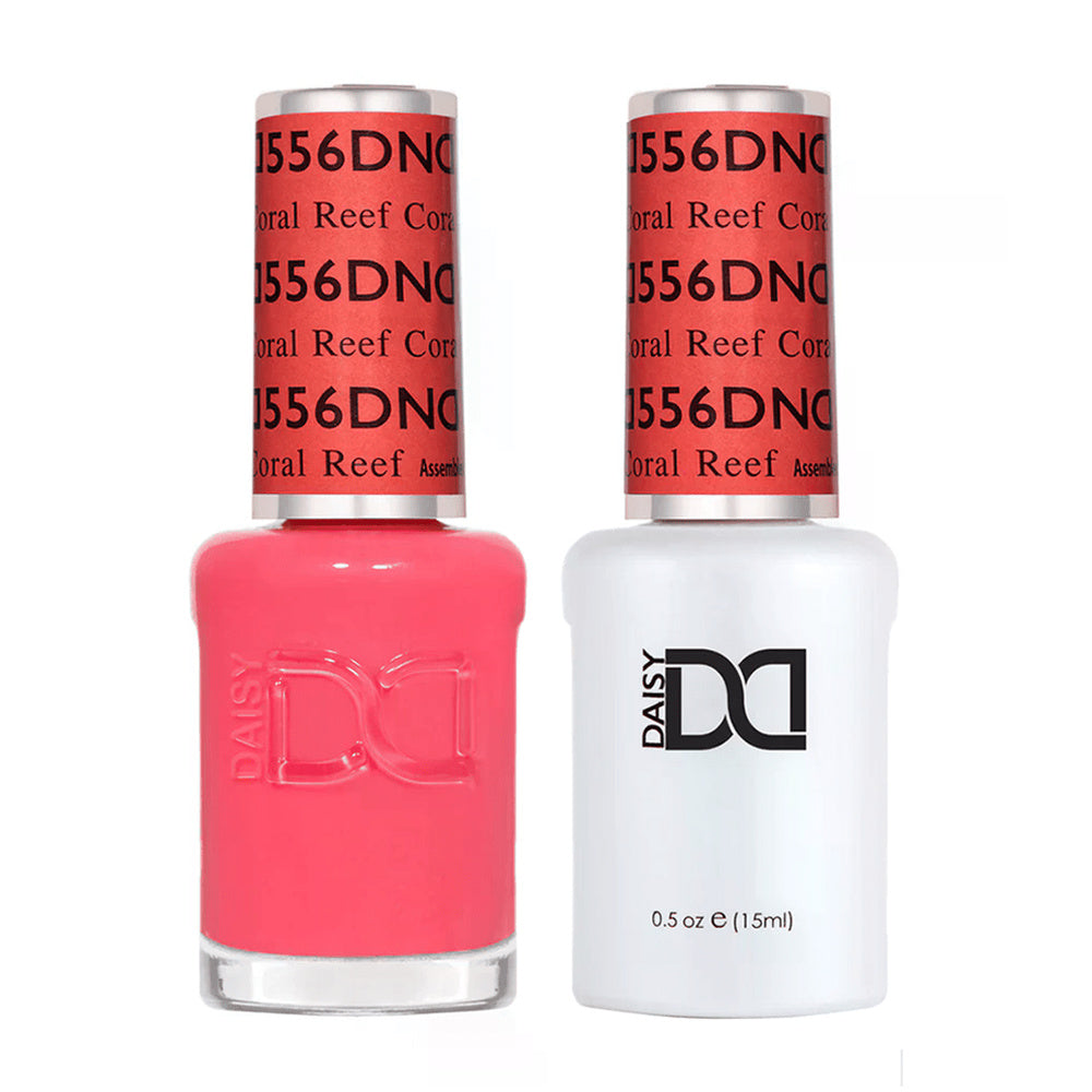DND Duo 556 Coral Reef, gel polish and matching nail lacquer bottles