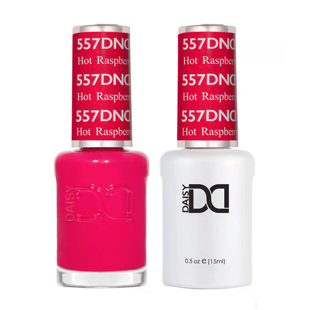 DND Duo 557 Hot Raspberry, gel polish and matching nail lacquer bottles