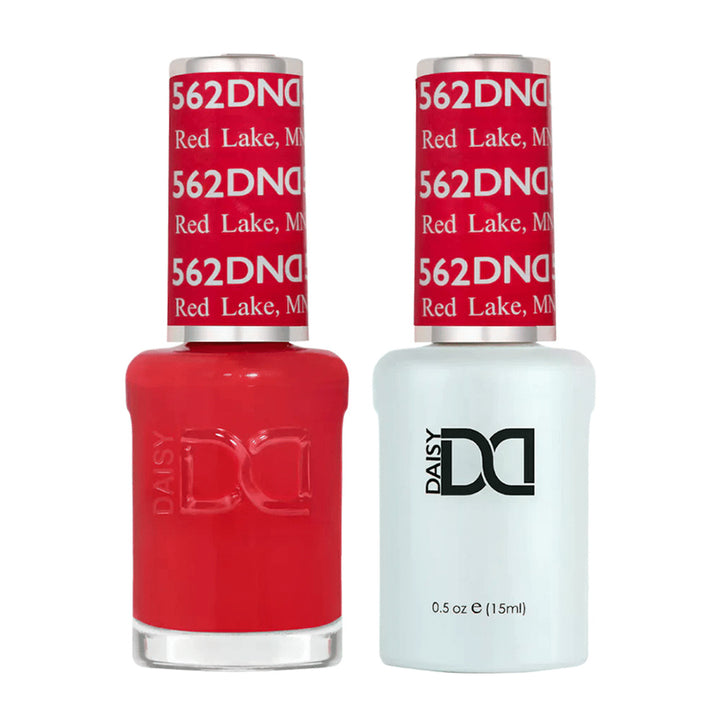 DND Duo 562 Red Lake, gel polish and matching nail lacquer bottles