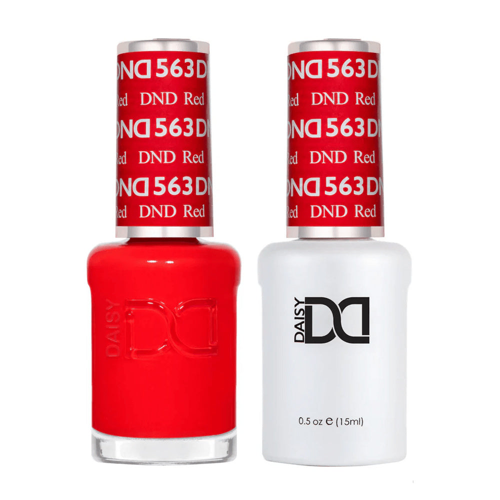 DND Duo 563 DND Red, gel polish and matching nail lacquer bottles