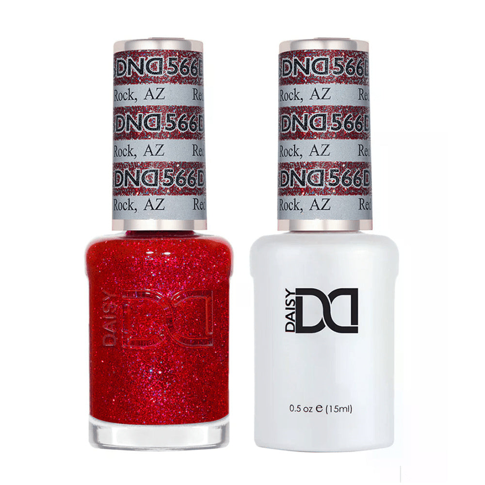 DND Duo 566 Red Rock, gel polish and matching nail lacquer bottles