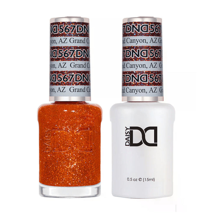 DND Duo 567 Grand Canyon, gel polish and matching nail lacquer bottles
