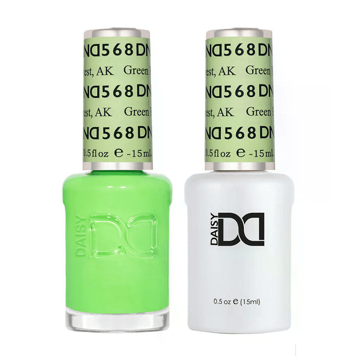 DND Duo 568 Green Forest, gel polish and matching nail lacquer bottles