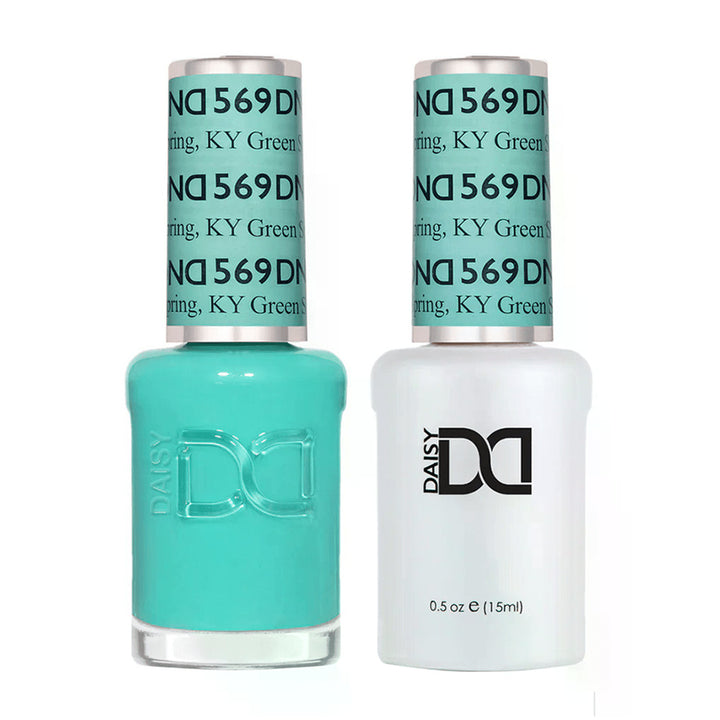 DND Duo 569 Green Spring, gel polish and matching nail lacquer bottles