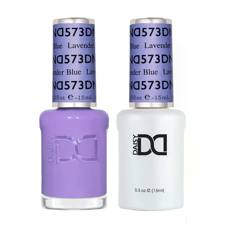 DND Duo 573 Lavender Blue, gel polish and matching nail lacquer bottles