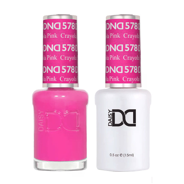 DND Duo 578 Crayola Pink, gel polish and matching nail lacquer bottles
