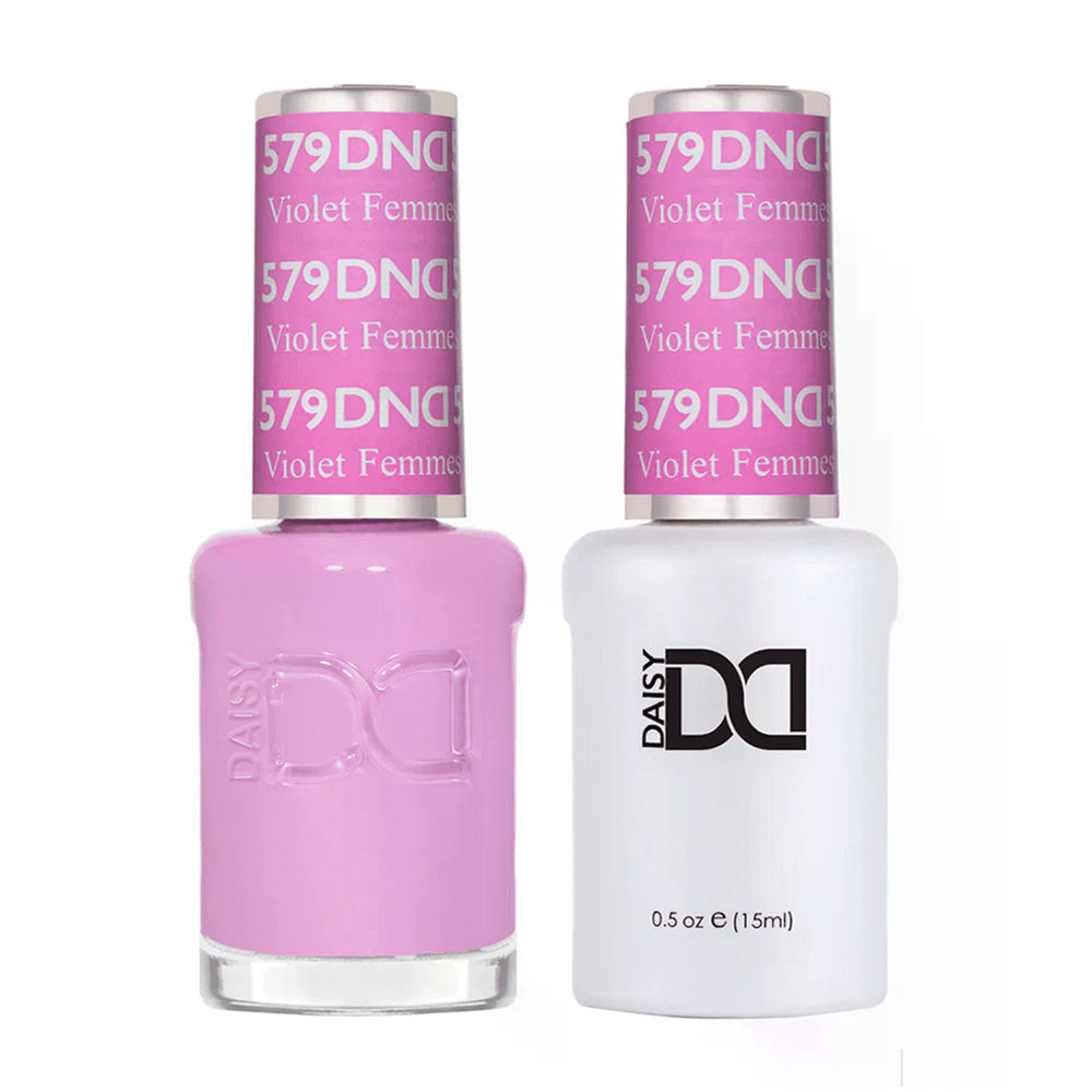 DND Duo 579 Violet Femmes, gel polish and matching nail lacquer bottles