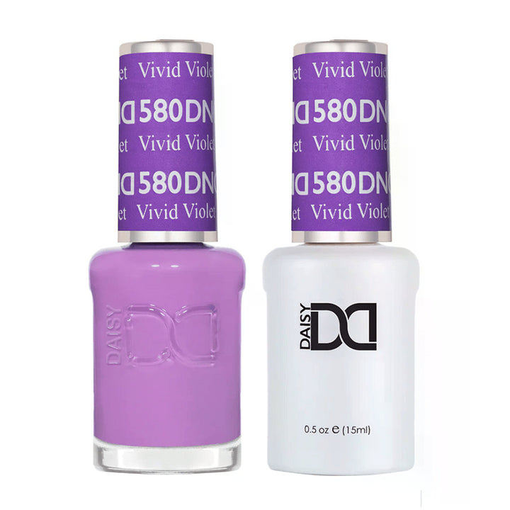 DND Duo 580 Vivid Violet, gel polish and matching nail lacquer bottles