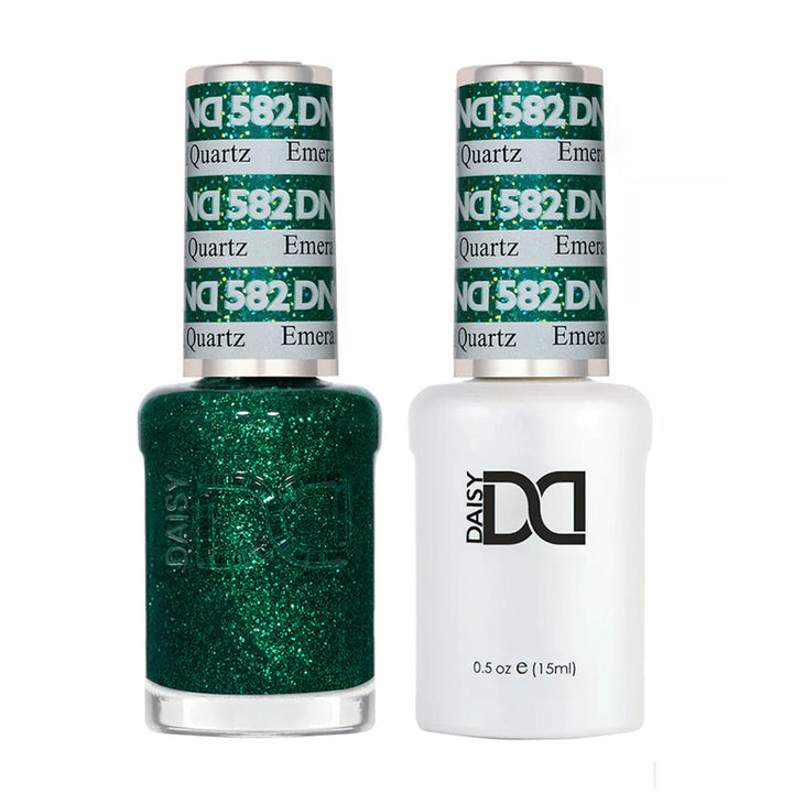 DND Duo 582 Emerald Quartz, gel polish and matching nail lacquer bottles