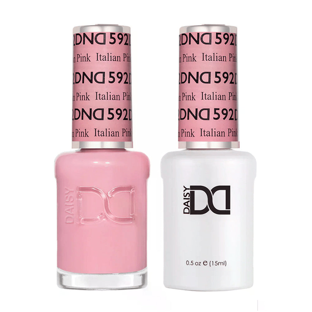 DND Duo 592 Italian Pink, gel polish and matching nail lacquer bottles