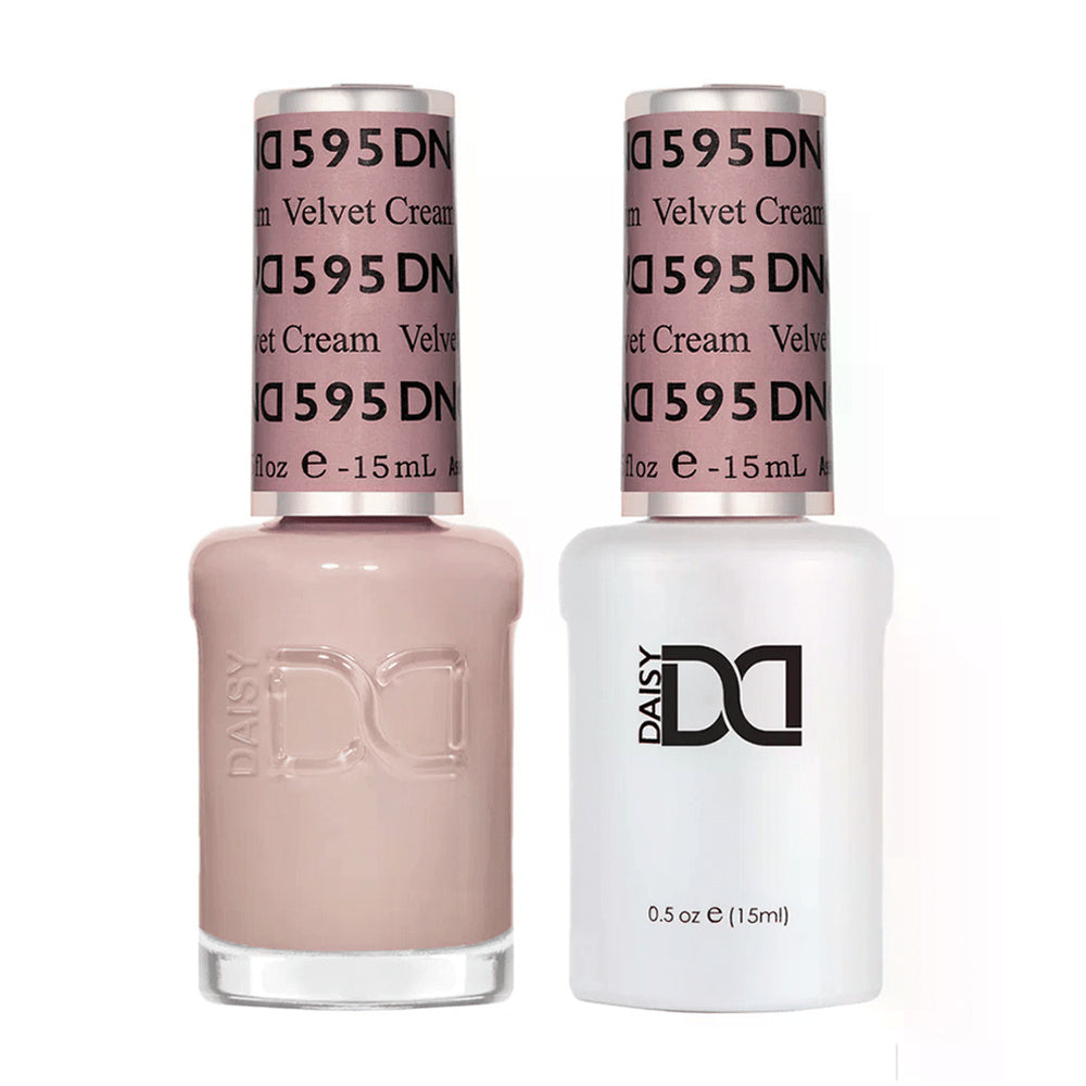 DND Duo 595 Velvet Cream, gel polish and matching nail lacquer bottles