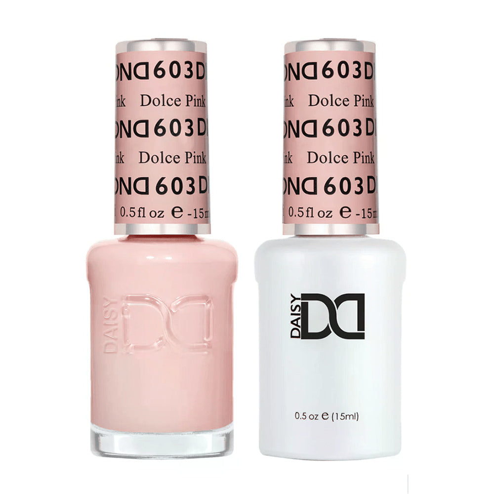 DND Duo 603 Dolce Pink, gel polish and matching nail lacquer bottles