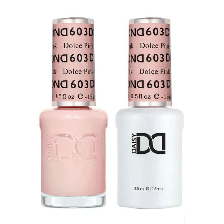 DND Duo 603 Dolce Pink, gel polish and matching nail lacquer bottles