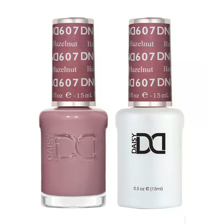 DND Duo 607 Hazelnut, gel polish and matching nail lacquer bottles