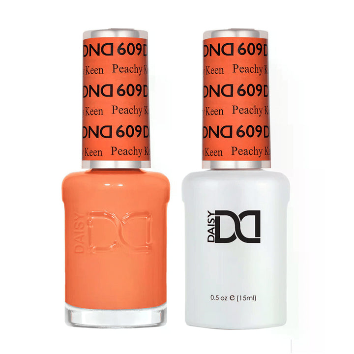 DND Duo 609 Peachy Keen, gel polish and matching nail lacquer bottles