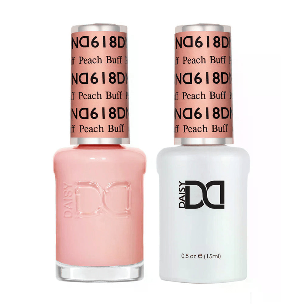 DND Duo 618 Peach Buff, gel polish and matching nail lacquer bottles