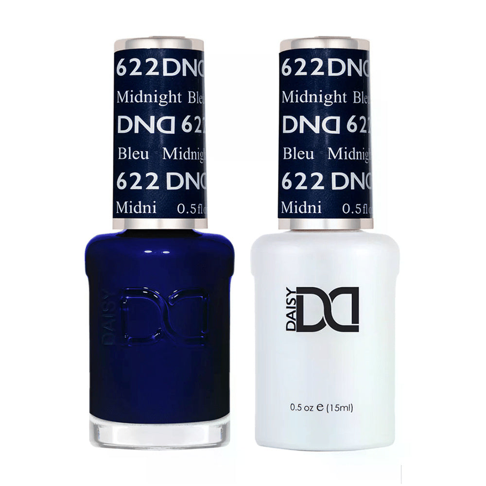 DND Duo 622 Midlight Blue, gel polish and matching nail lacquer bottles