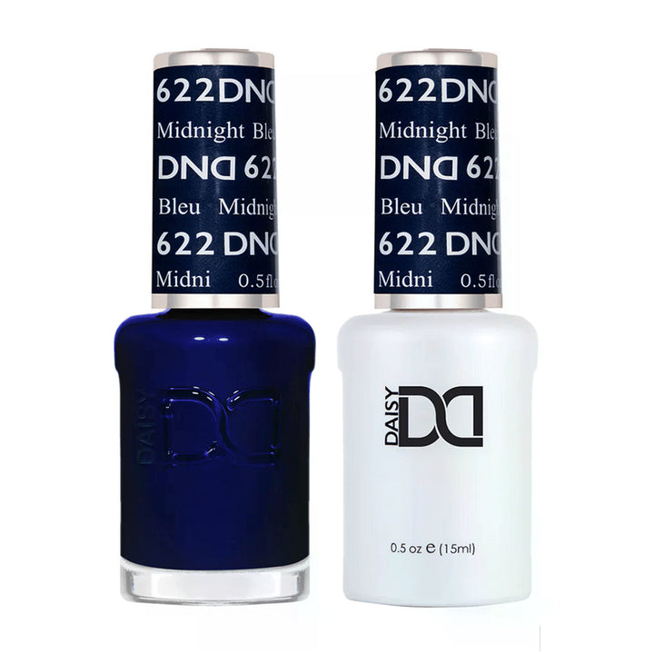 DND Duo 622 Midlight Blue, gel polish and matching nail lacquer bottles