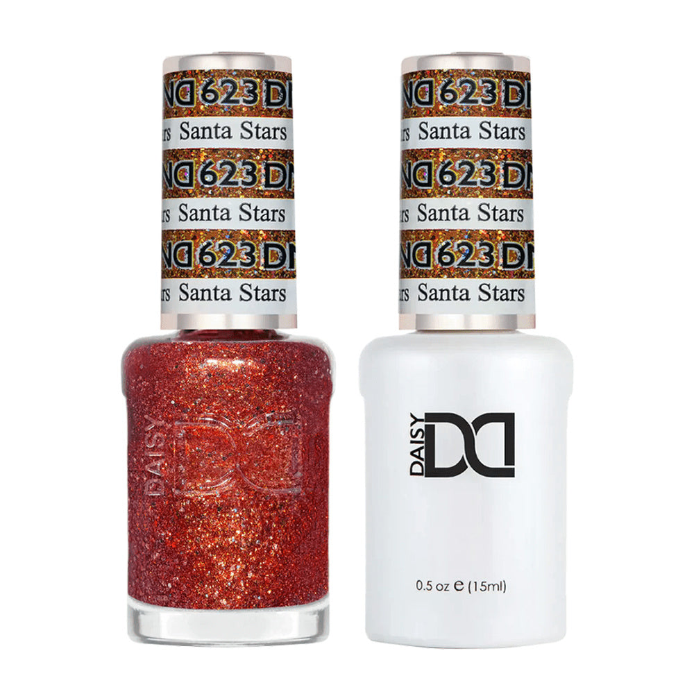 DND Duo 623 Santa Stars, gel polish and matching nail lacquer bottles