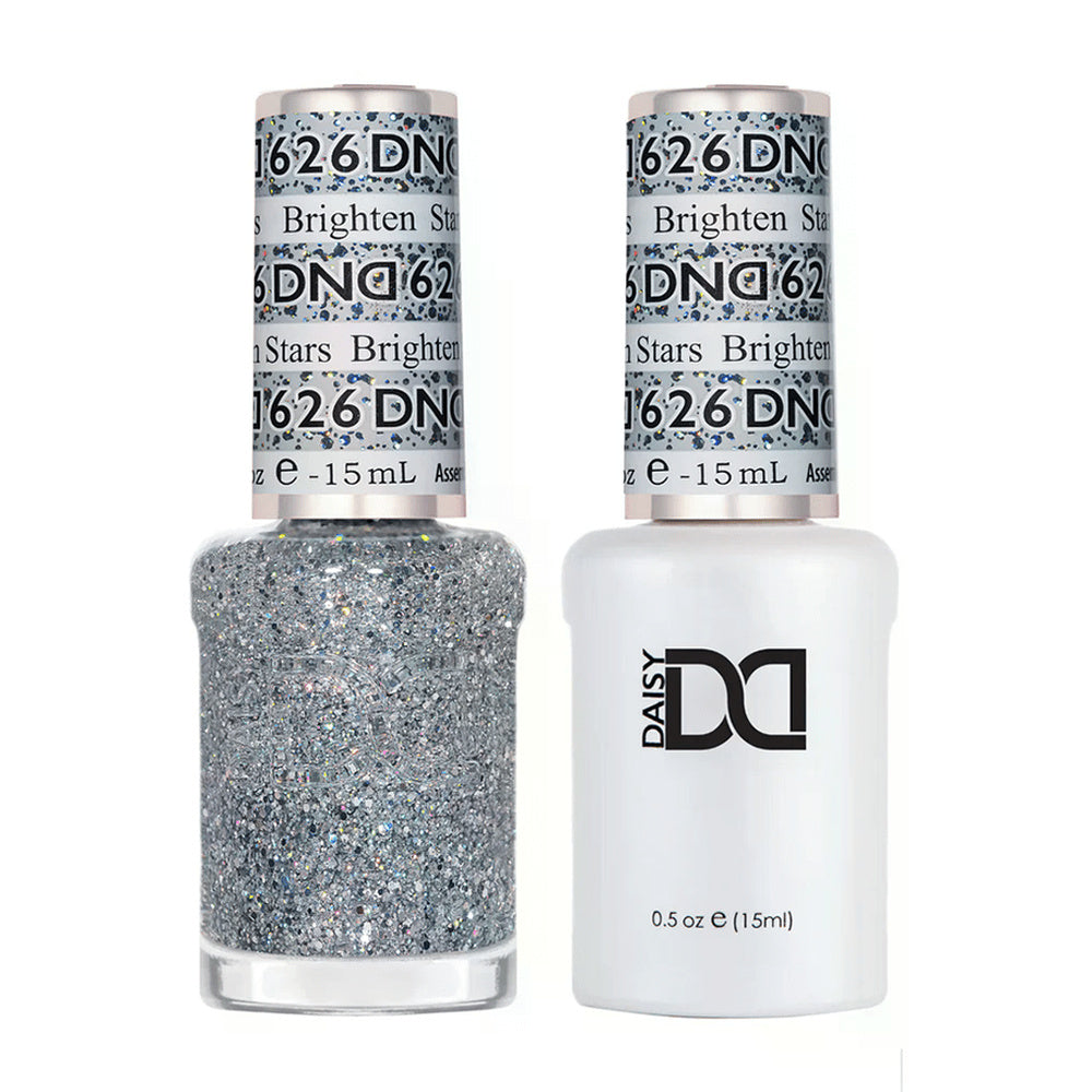 DND Duo 626 Brighten Stars, gel polish and matching nail lacquer bottles