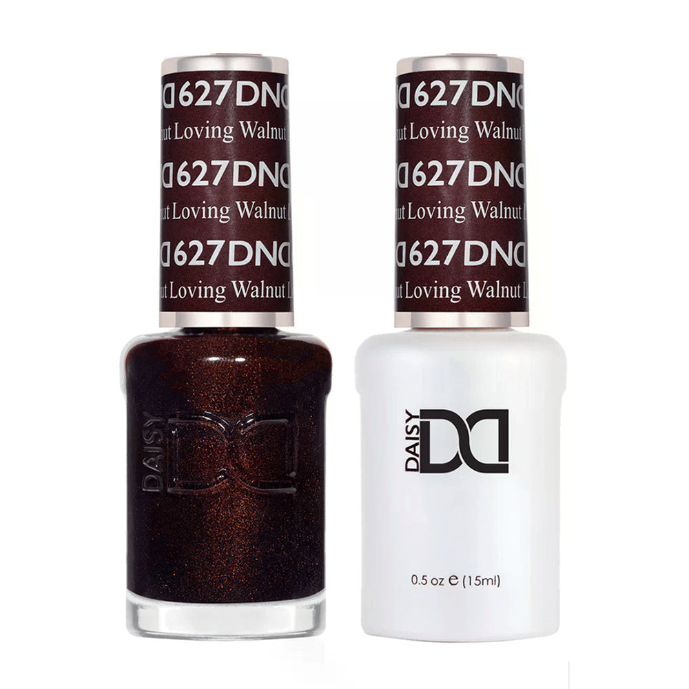 DND Duo 627 Loving Walnut, gel polish and matching nail lacquer bottles