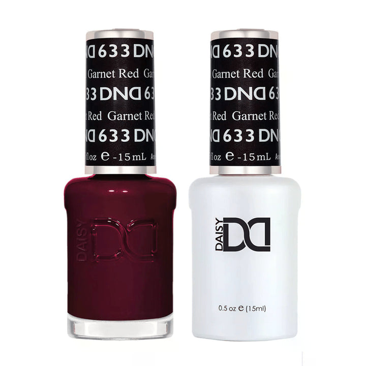DND Duo 633 Garnet Red, gel polish and matching nail lacquer bottles