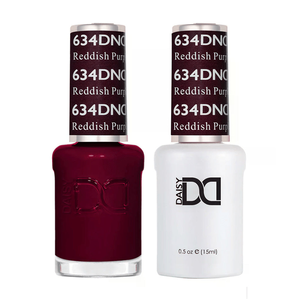DND Duo 634 Reddish Purple, gel polish and matching nail lacquer bottles