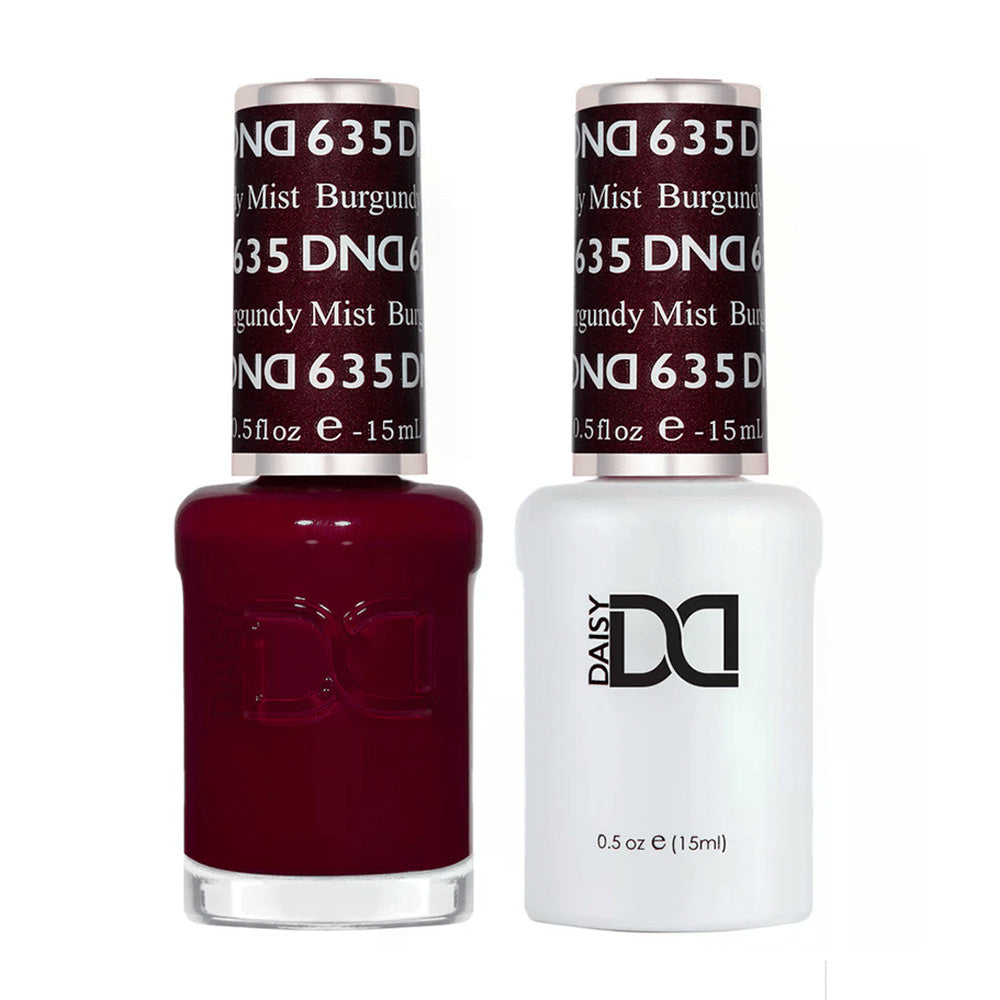 DND Duo 635 Burgundy Mist, gel polish and matching nail lacquer bottles