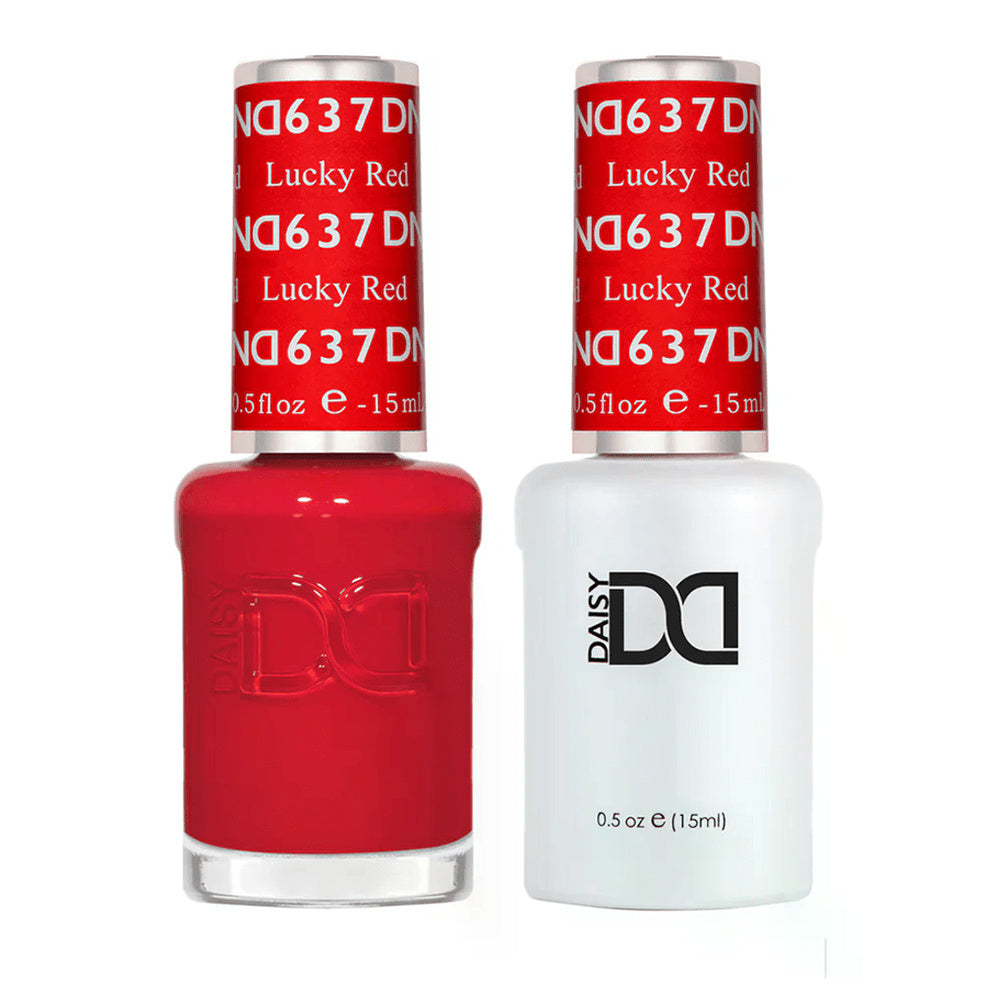 DND Duo 637 Lucky Red, gel polish and matching nail lacquer bottles