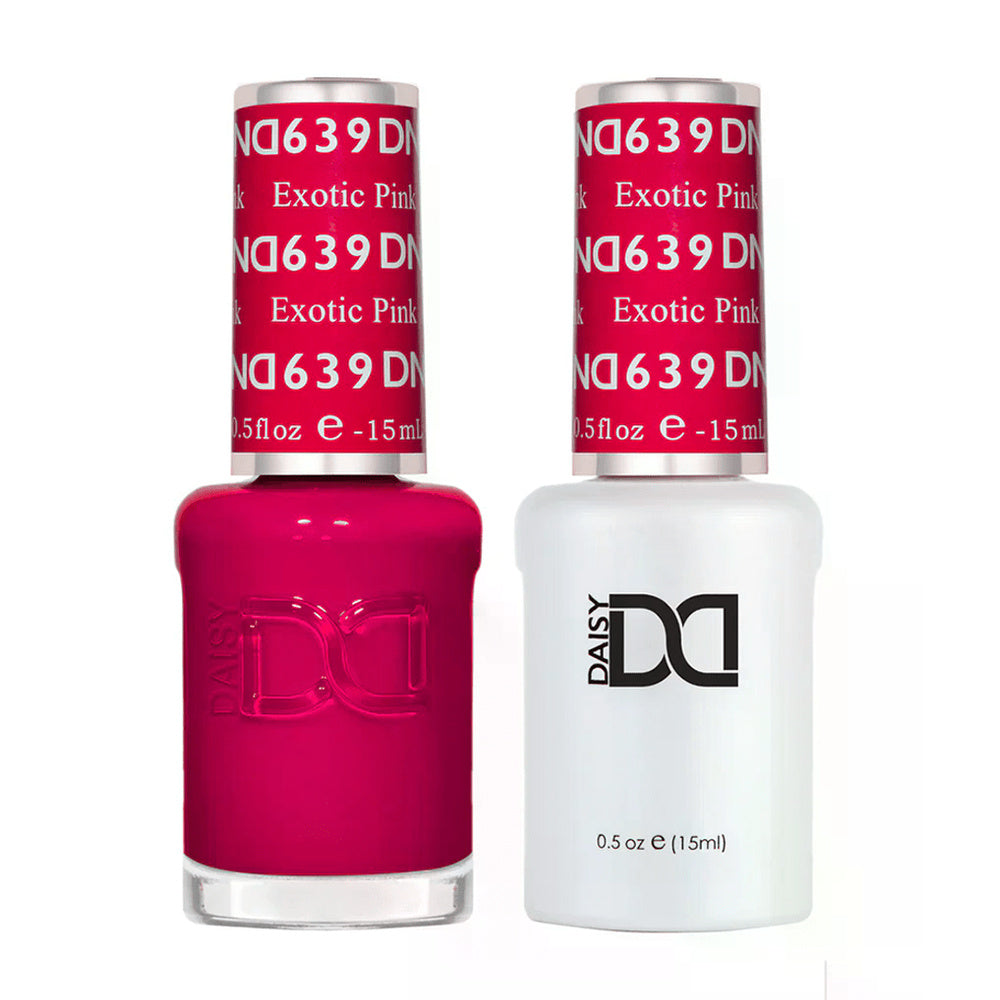 DND Duo 639 Exotic Pink, gel polish and matching nail lacquer bottles
