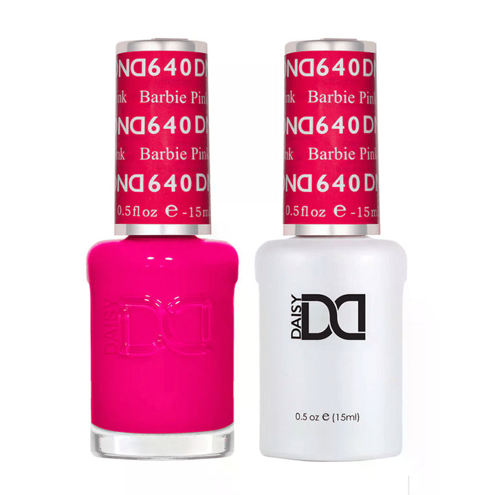 DND Duo 640 Barbie Pink, gel polish and matching nail lacquer bottles