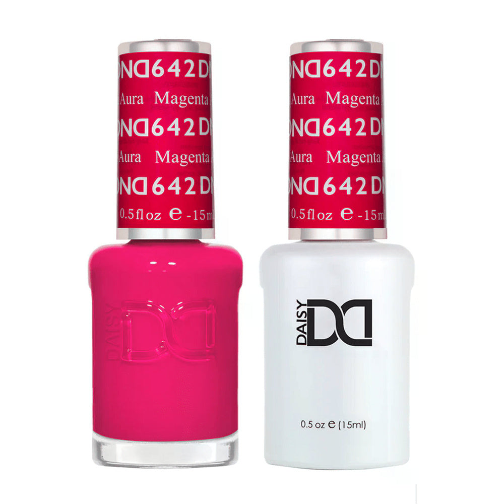 DND Duo 642 Magenta Aura, gel polish and matching nail lacquer bottles