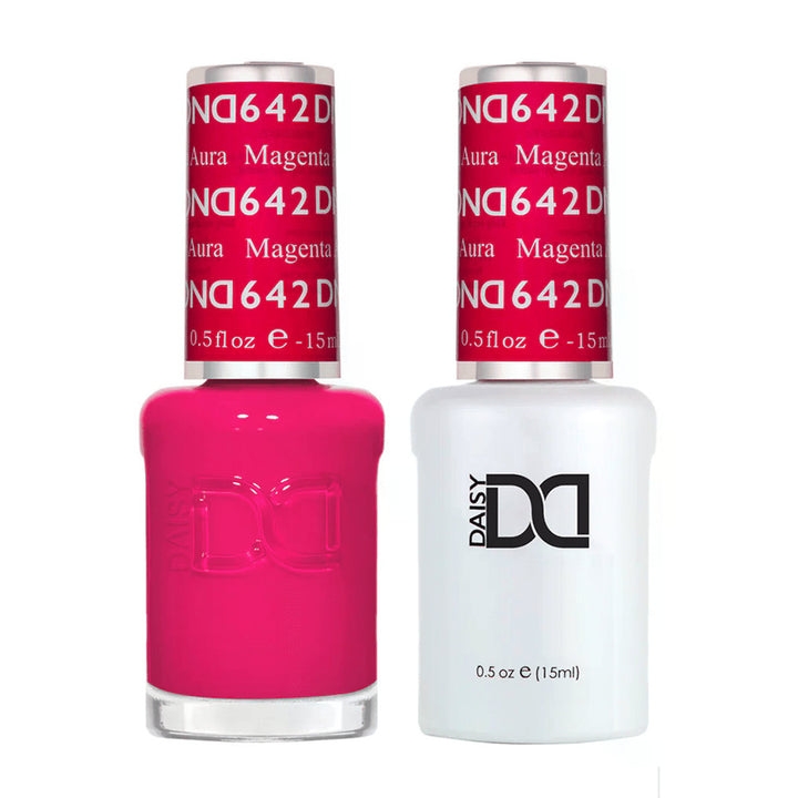 DND Duo 642 Magenta Aura, gel polish and matching nail lacquer bottles
