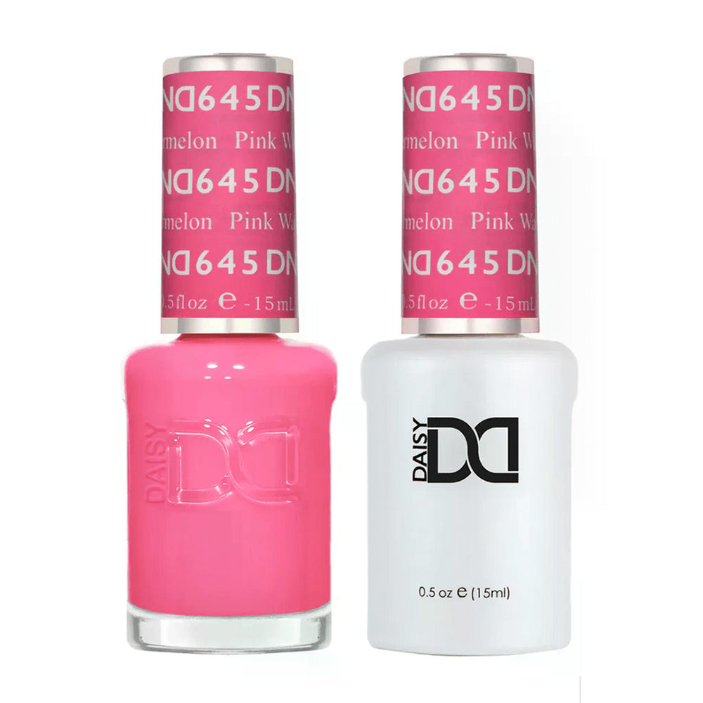 DND Duo 645 Pink Watermelon, gel polish and matching nail lacquer bottles