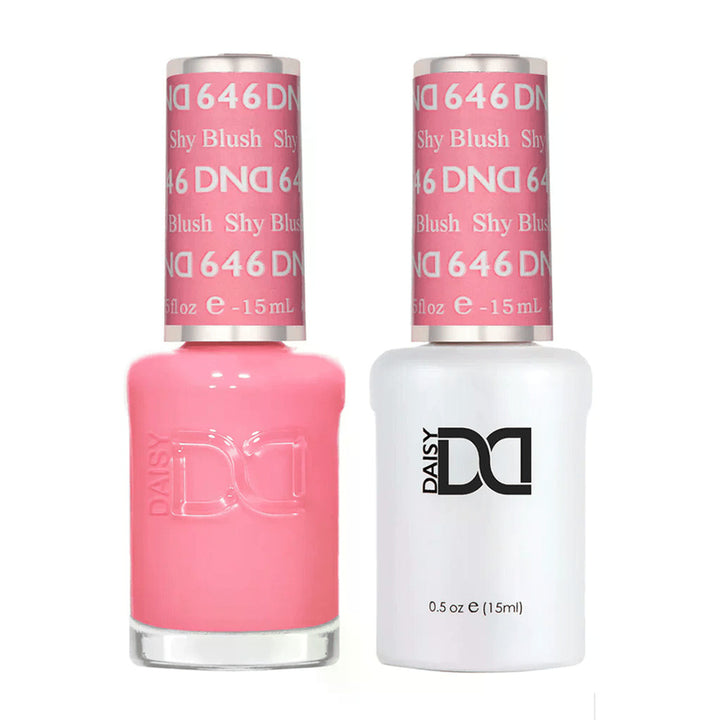 DND Duo 646 Shy Blush, gel polish and matching nail lacquer bottles