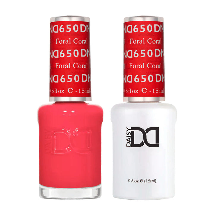 DND Duo 650 Floral Coral, gel polish and matching nail lacquer bottles