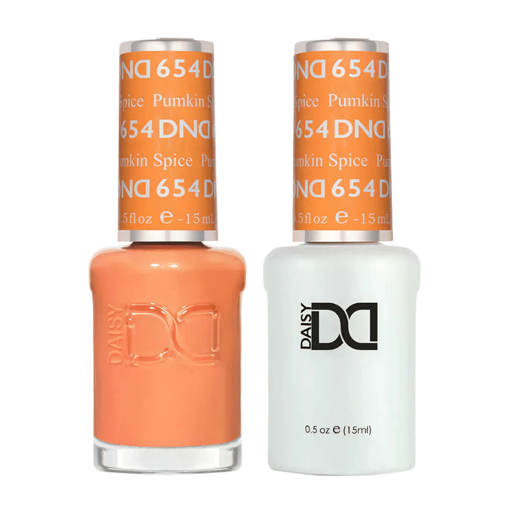 DND Duo 654 Pumpkin Spice, gel polish and matching nail lacquer bottles