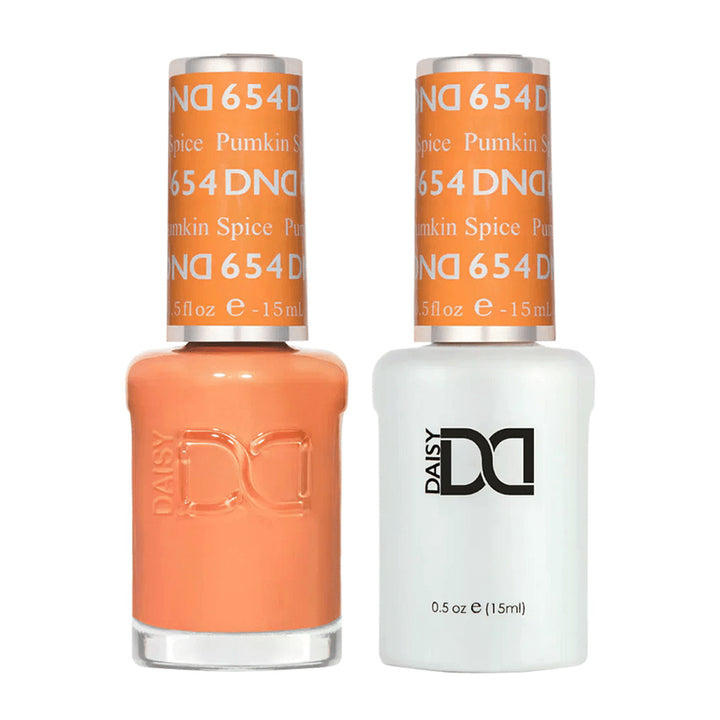 DND Duo 654 Pumpkin Spice, gel polish and matching nail lacquer bottles