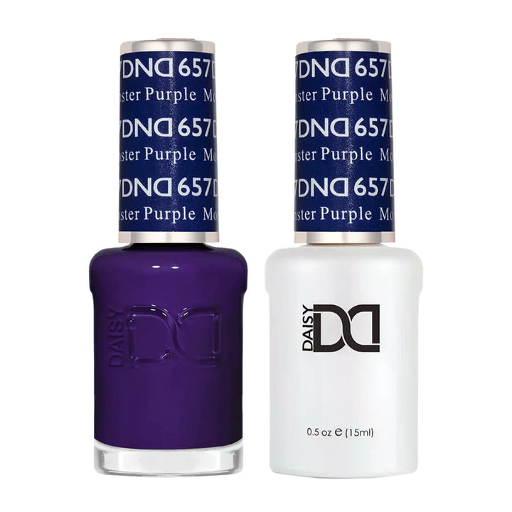 DND Duo 657 Monster Purple, gel polish and matching nail lacquer bottles