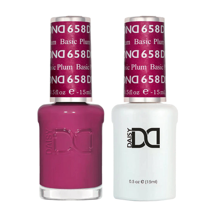 DND Duo 658 Basic Plum, gel polish and matching nail lacquer bottles