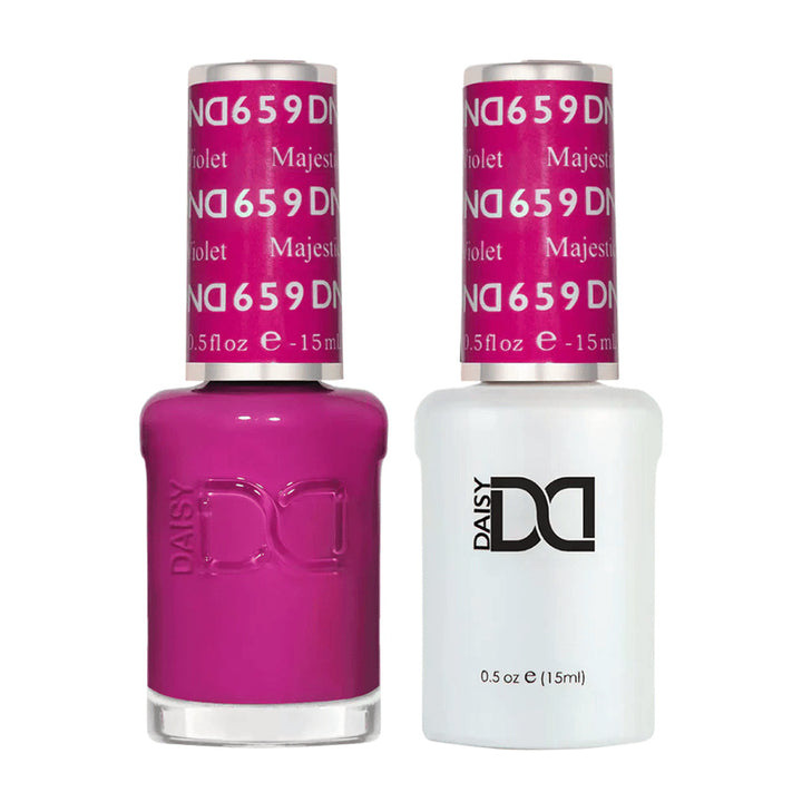 DND Duo 659 Majestic Violet, gel polish and matching nail lacquer bottles