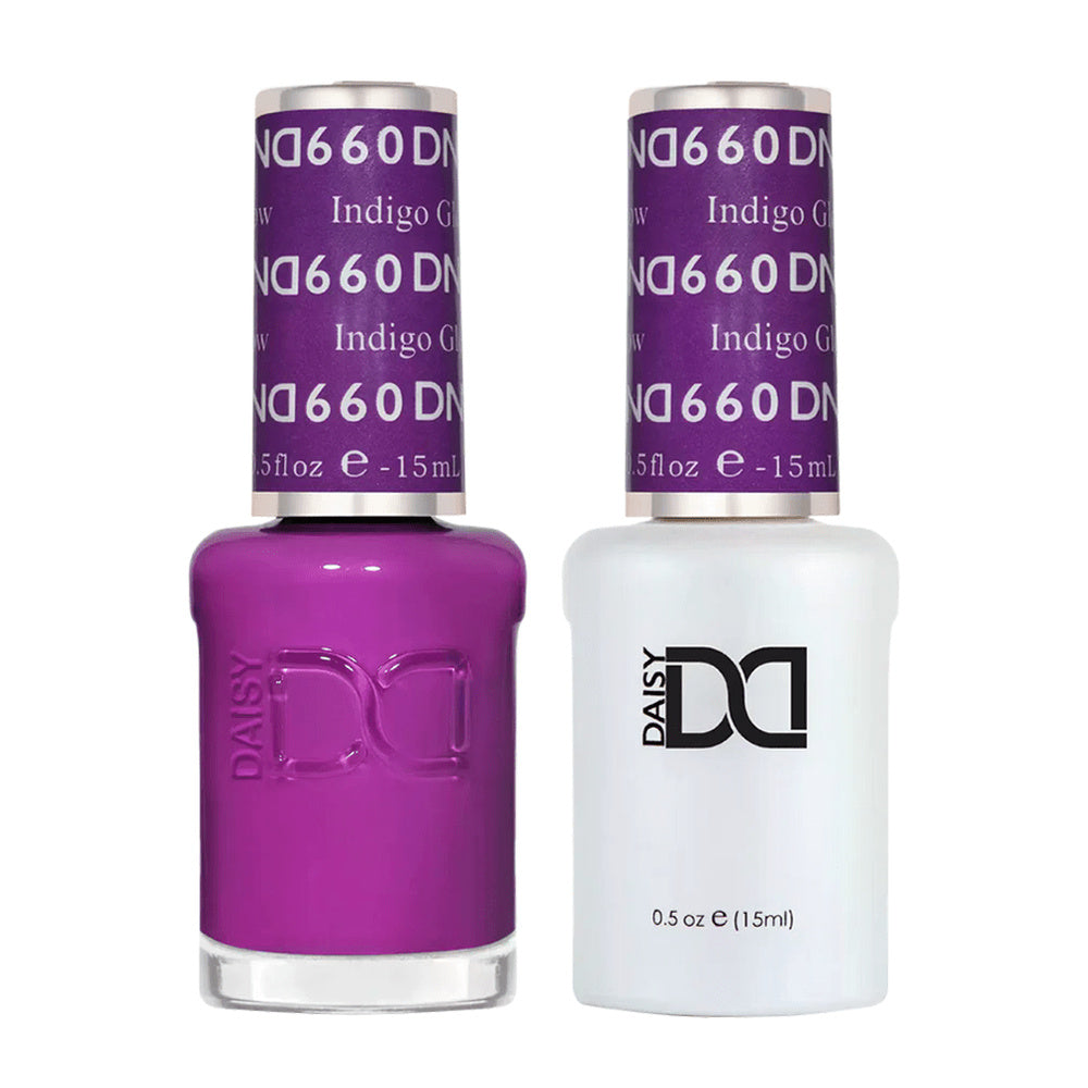 DND Duo 660 Indigo Glow, gel polish and matching nail lacquer bottles