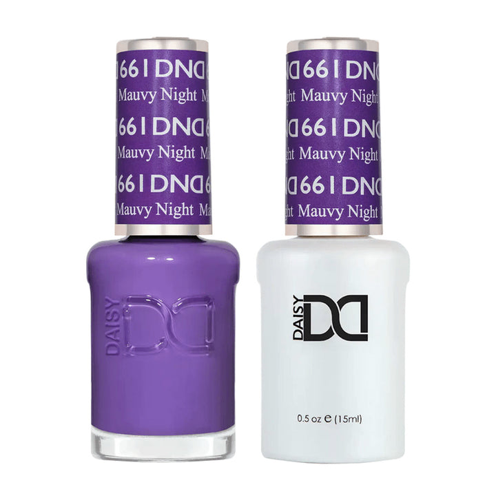 DND Duo 661 Mauvy Night, gel polish and matching nail lacquer bottles