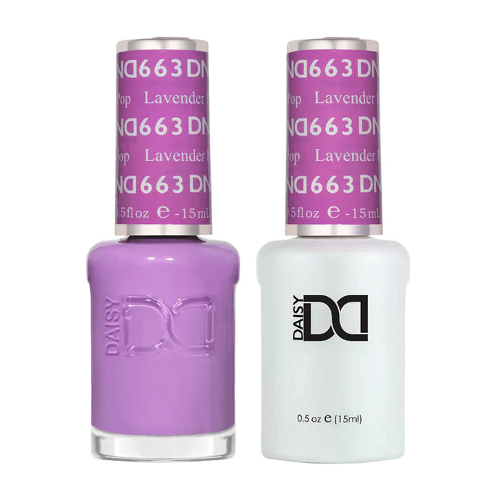 DND Duo 663 Lavender Pop, gel polish and matching nail lacquer bottles
