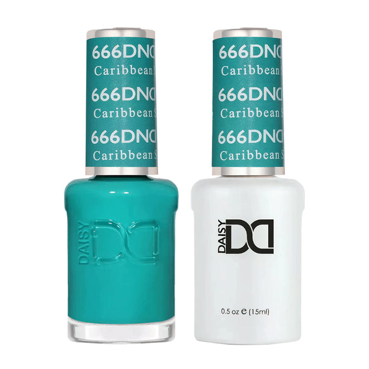 DND Duo 666 Caribbean Sea, gel polish and matching nail lacquer bottles
