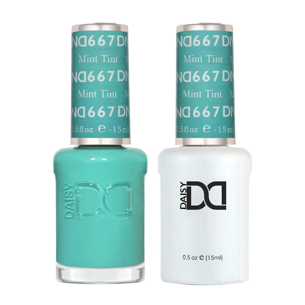 DND Duo 667 Mint Tint, gel polish and matching nail lacquer bottles