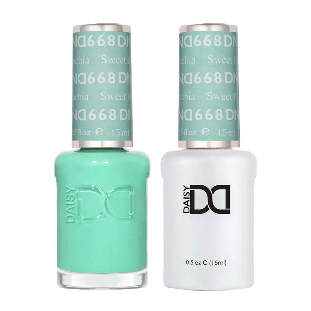 DND Duo 668 Sweet Pistachia, gel polish and matching nail lacquer bottles